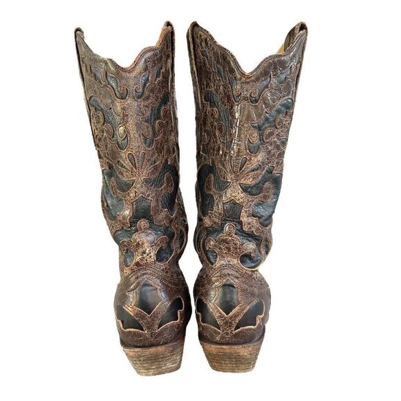 Corral Vintage Brown Goat Overlay Snip‎ Toe Cowboy Boots Womens Size 6.5m C1957 - Picture 4 of 10